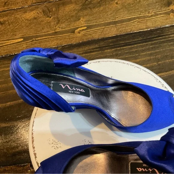 NINA Heels Pumps Womens Sz 7 Sapphire Blue Cobalt Satin Leather Sole D'orsay - Picture 7 of 10